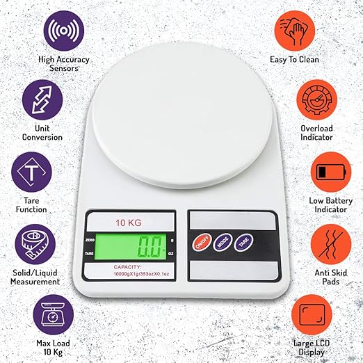 ATOM Digital Kitchen Food Weighing Scale For Healthy Living, Home Baking, Cooking, Fitness & Balanced Diet. | 1 Year Warranty | 10Kg x 1gms with 2 Batteries Included, SF400/A121, Color May vary